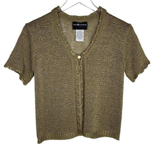 Sag Harbor Sweaters - VTG Sag Harbor Green Short Sleeve Open Knit Cottagecore Boho Cardigan PXS